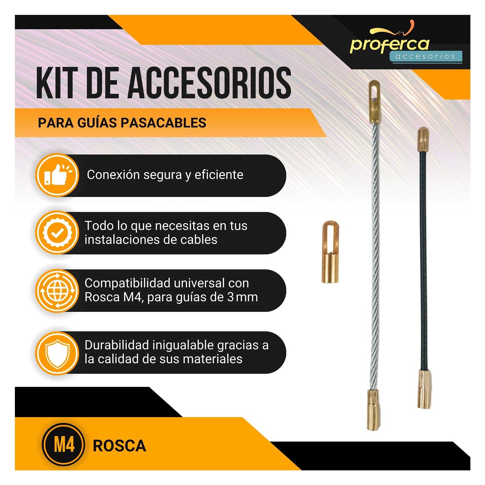 Kit de accesorios Proferca para guías pasacables, con componentes metálicos de alta calidad para mantenimiento y reposición.