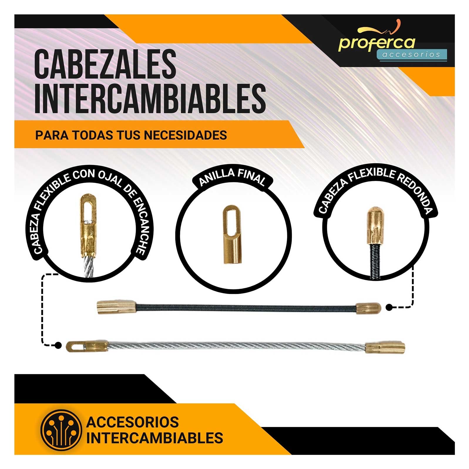 Cabezales intercambiables de repuesto Proferca para guías pasacables, diseñados para distintos diámetros y usos eléctricos.