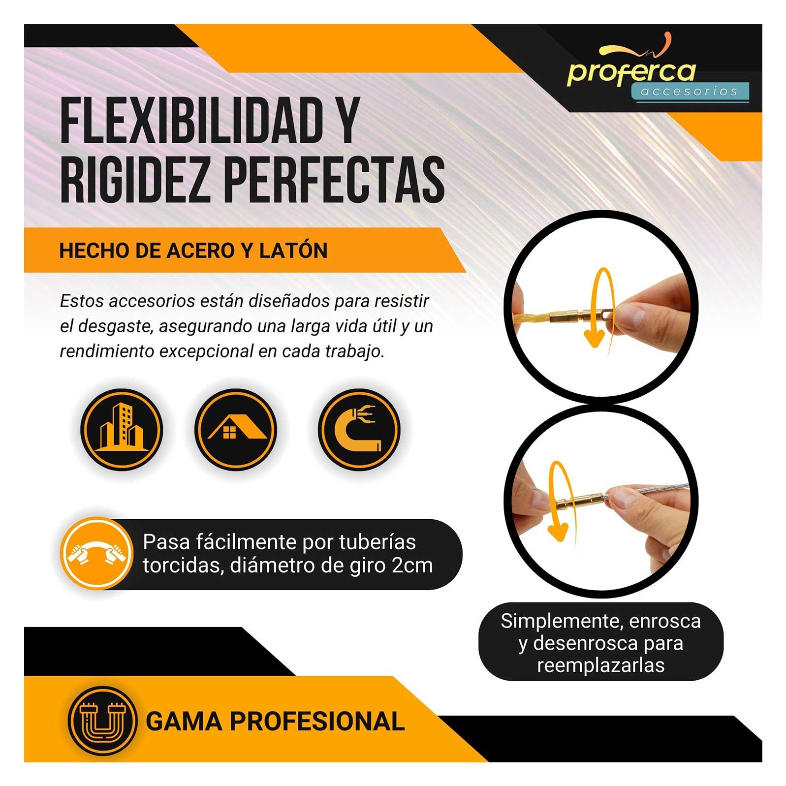 Accesorios Proferca que garantizan la flexibilidad y rigidez adecuadas en guías pasacables profesionales para evitar atascos.