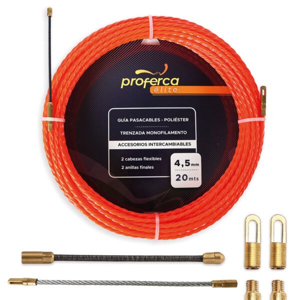 Guía pasacables Proferca de fibra de vidrio 4.5mm x 30m con cabezales metálicos intercambiables, ideal para instalaciones eléctricas de precisión.