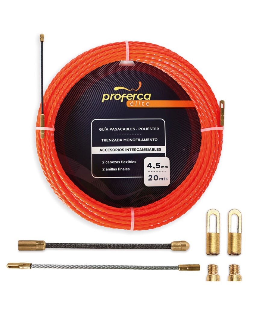 Guía pasacables Proferca de fibra de vidrio 4.5mm x 30m con cabezales metálicos intercambiables, ideal para instalaciones eléctricas de precisión.