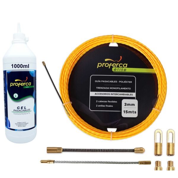 Kit profesional Proferca con guía pasacables de poliéster trenzado 4.5mm x 20m y gel lubricante dieléctrico, ideal para instalaciones eléctricas seguras y rápidas.