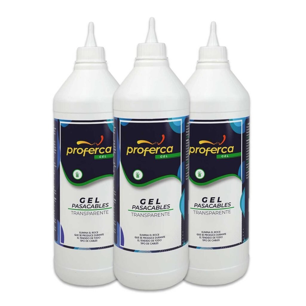 Pack de 3 botellas de gel pasacables Proferca de 1000ml, lubricante transparente a base de agua ideal para instalaciones eléctricas seguras y sin fricción.