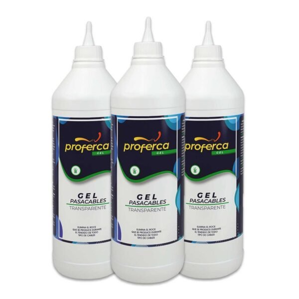 Pack de 3 botellas de gel pasacables Proferca de 1000ml, lubricante transparente a base de agua ideal para instalaciones eléctricas seguras y sin fricción.
