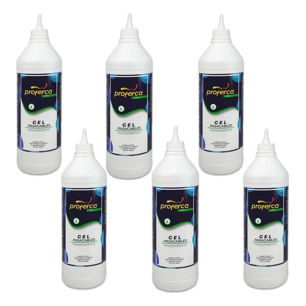 Pack ahorro de 6 botellas de gel pasacables Proferca de 1000ml cada una, lubricante a base de agua ideal para instalaciones eléctricas profesionales.