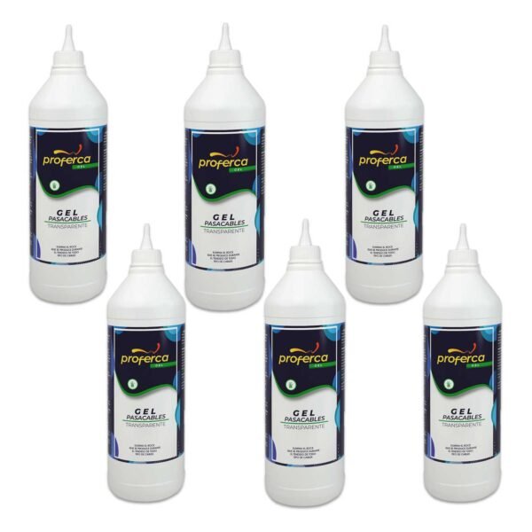 Pack ahorro de 6 botellas de gel pasacables Proferca de 1000ml cada una, lubricante a base de agua ideal para instalaciones eléctricas profesionales.