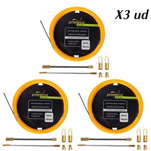 Guía Pasacables Profesional Poliéster Trenzado de 3mm y 15 Metros (Tubos estrechos) (3 Unidades)