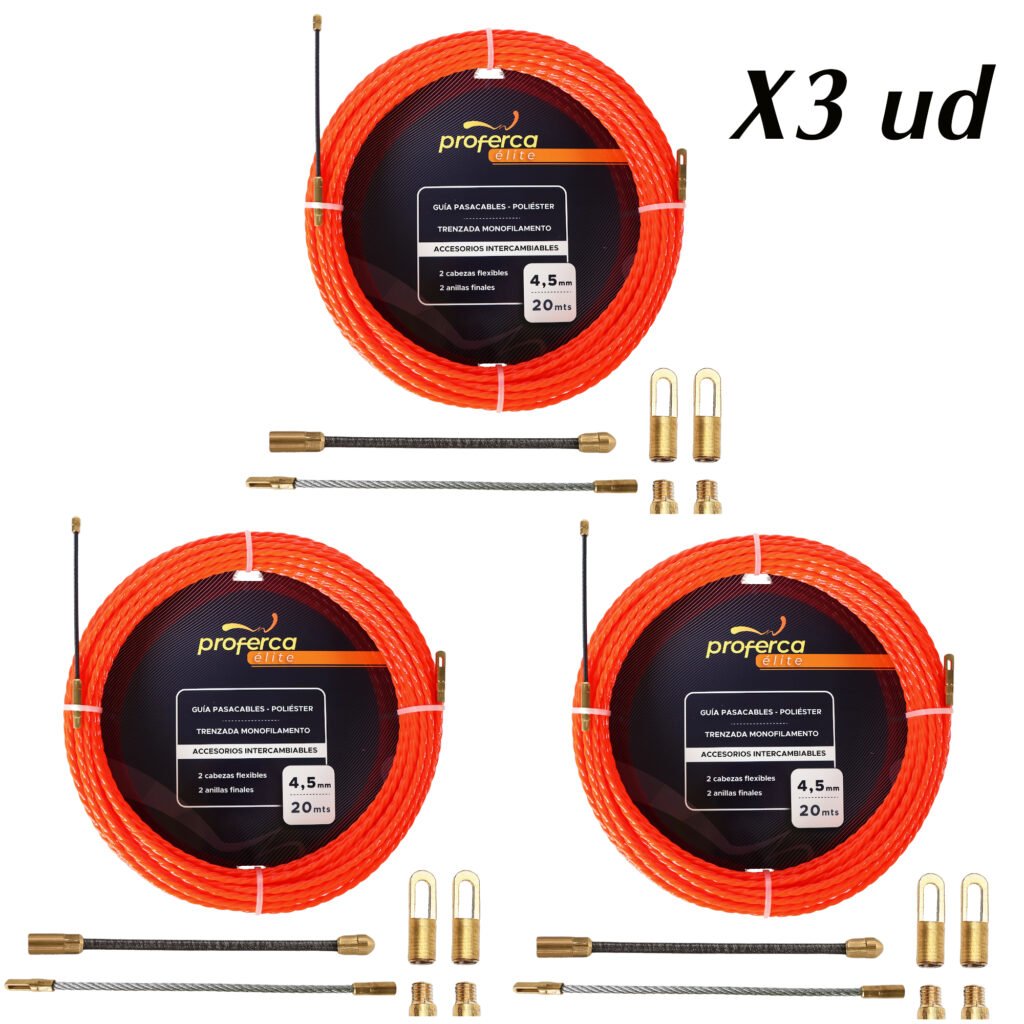Pack de tres guías pasacables Proferca de fibra de vidrio 4.5mm x 30m, resistentes y flexibles para instalaciones eléctricas profesionales.