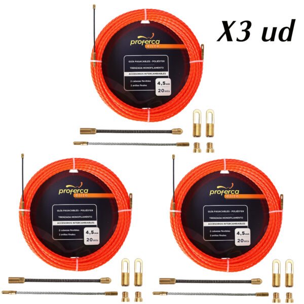 Pack de tres guías pasacables Proferca de fibra de vidrio 4.5mm x 30m, resistentes y flexibles para instalaciones eléctricas profesionales.