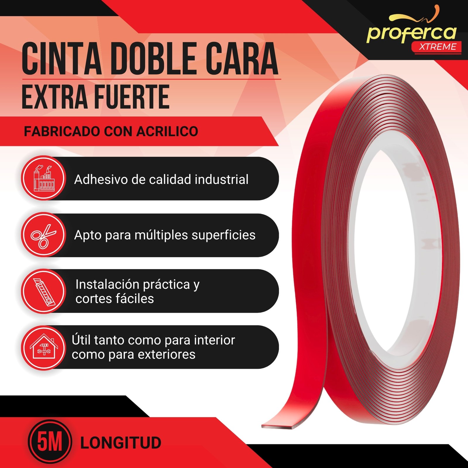 Cinta adhesiva de doble cara acrílica Proferca 10mm x 5m, extra fuerte y resistente al calor y la humedad.