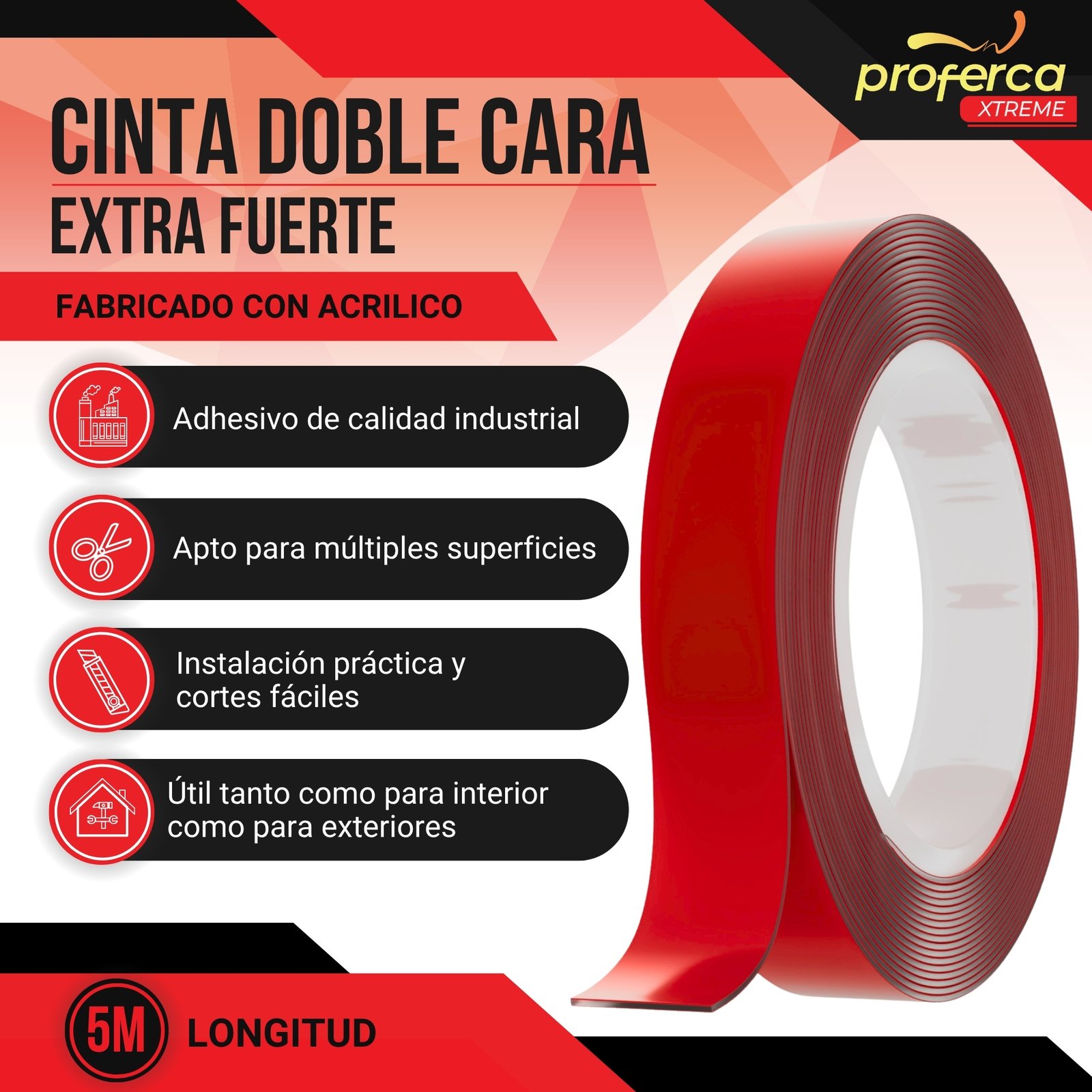 Cinta adhesiva doble cara Proferca extra fuerte, resistente al agua y altas temperaturas, ideal para interiores y exteriores.
