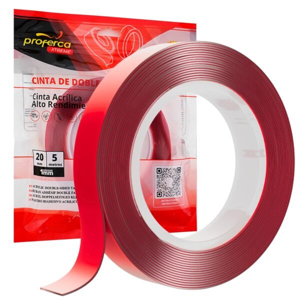 Cinta adhesiva de doble cara acrílica Proferca, color rojo transparente, ideal para fijaciones firmes sin clavos ni tornillos.