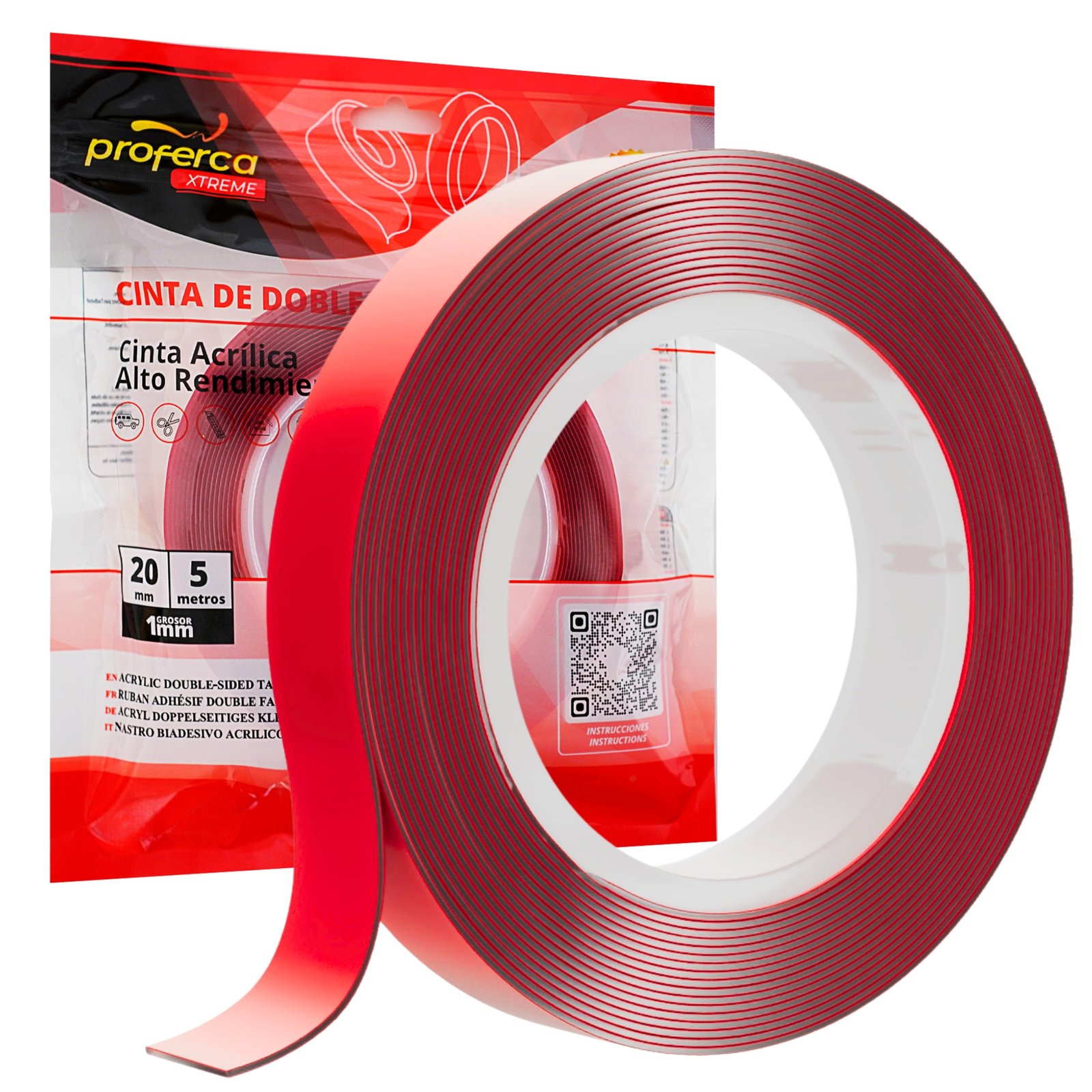 Cinta adhesiva de doble cara acrílica Proferca, color rojo transparente, ideal para fijaciones firmes sin clavos ni tornillos.