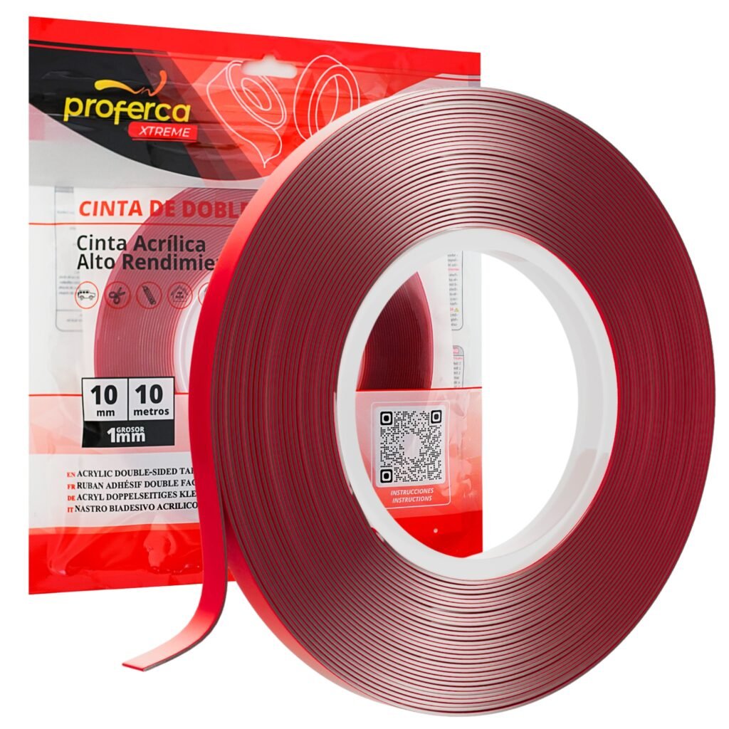 Cinta acrílica Proferca 20mm x 10m color rojo, alta resistencia al calor, humedad y peso, ideal para montajes sin perforaciones.