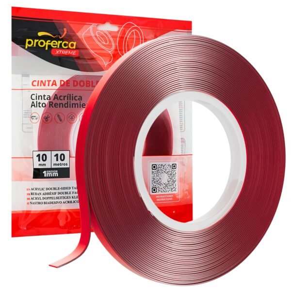 Cinta acrílica Proferca 20mm x 10m color rojo, alta resistencia al calor, humedad y peso, ideal para montajes sin perforaciones.