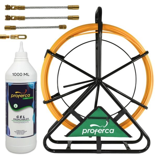 Kit profesional Proferca con guía pasacables de fibra de vidrio 6mm x 50m, gel lubricante y soporte metálico para instalaciones eléctricas de largo alcance.