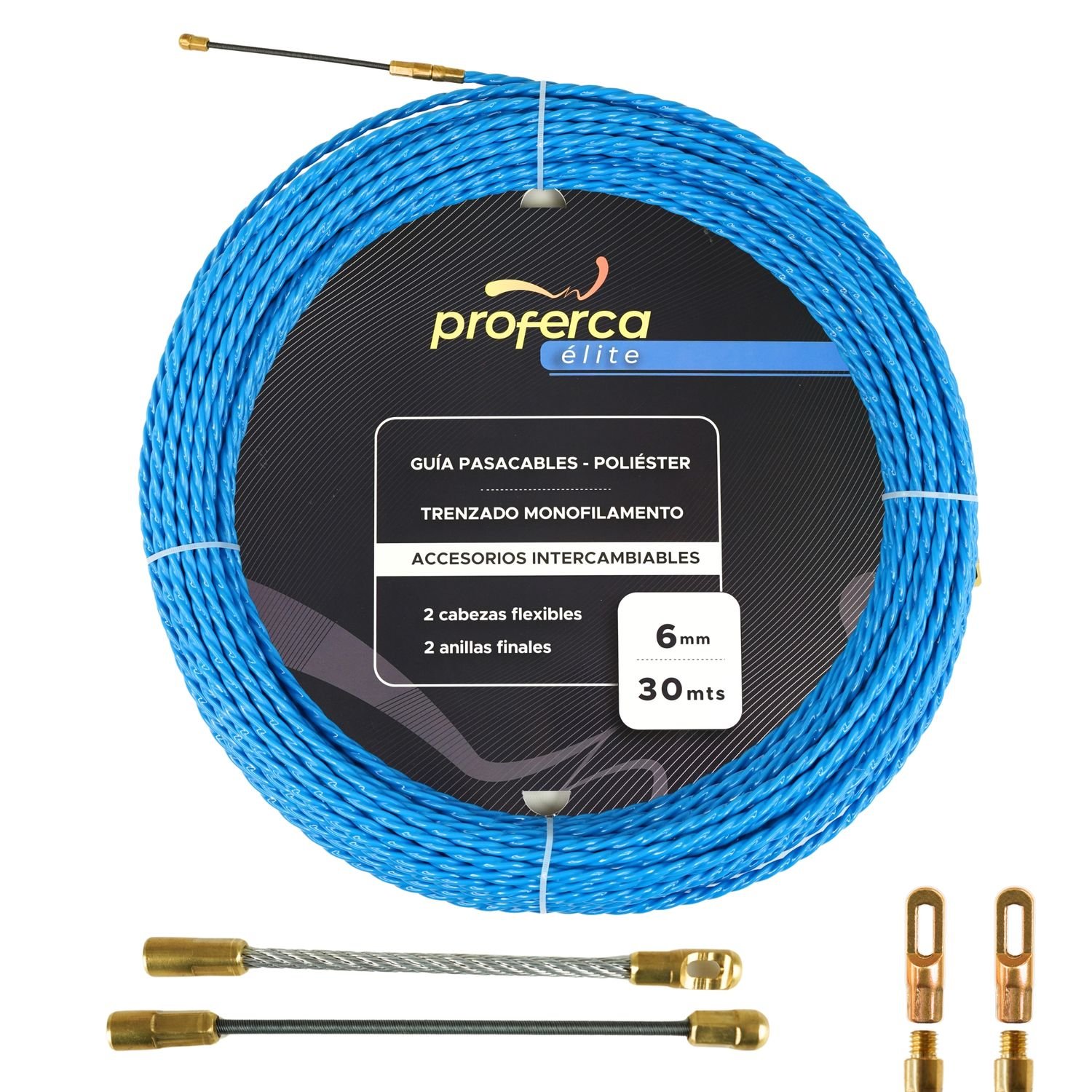 Guía pasacables Proferca de poliéster trenzado 6mm x 30m, herramienta resistente y flexible para instalaciones eléctricas profesionales.