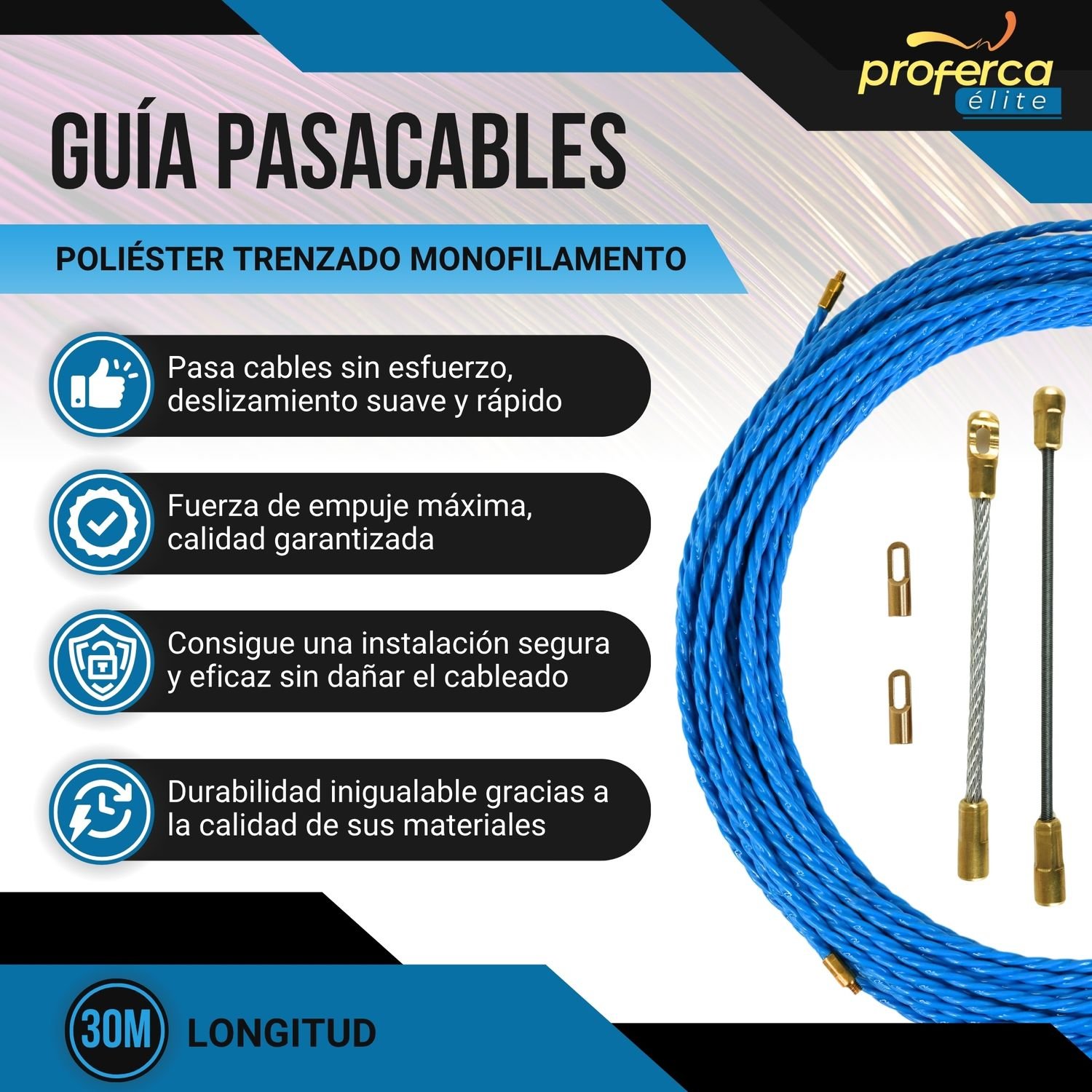Guía pasacables Proferca 6mm x 30m fabricada en poliéster trenzado de alta resistencia y durabilidad, ideal para electricistas.
