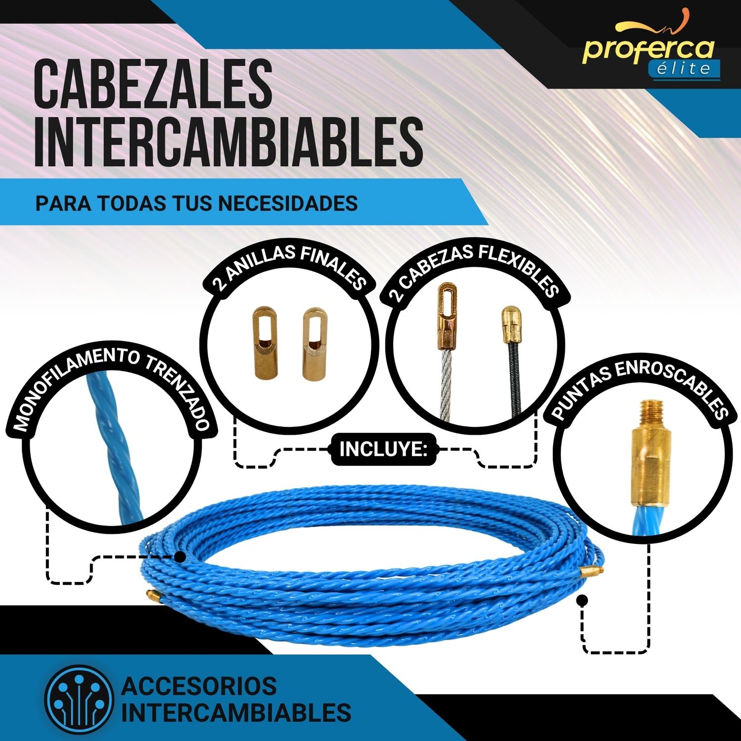 Cabezales metálicos intercambiables compatibles con guías pasacables Proferca de 6mm, adaptables a distintos tipos de cableado.