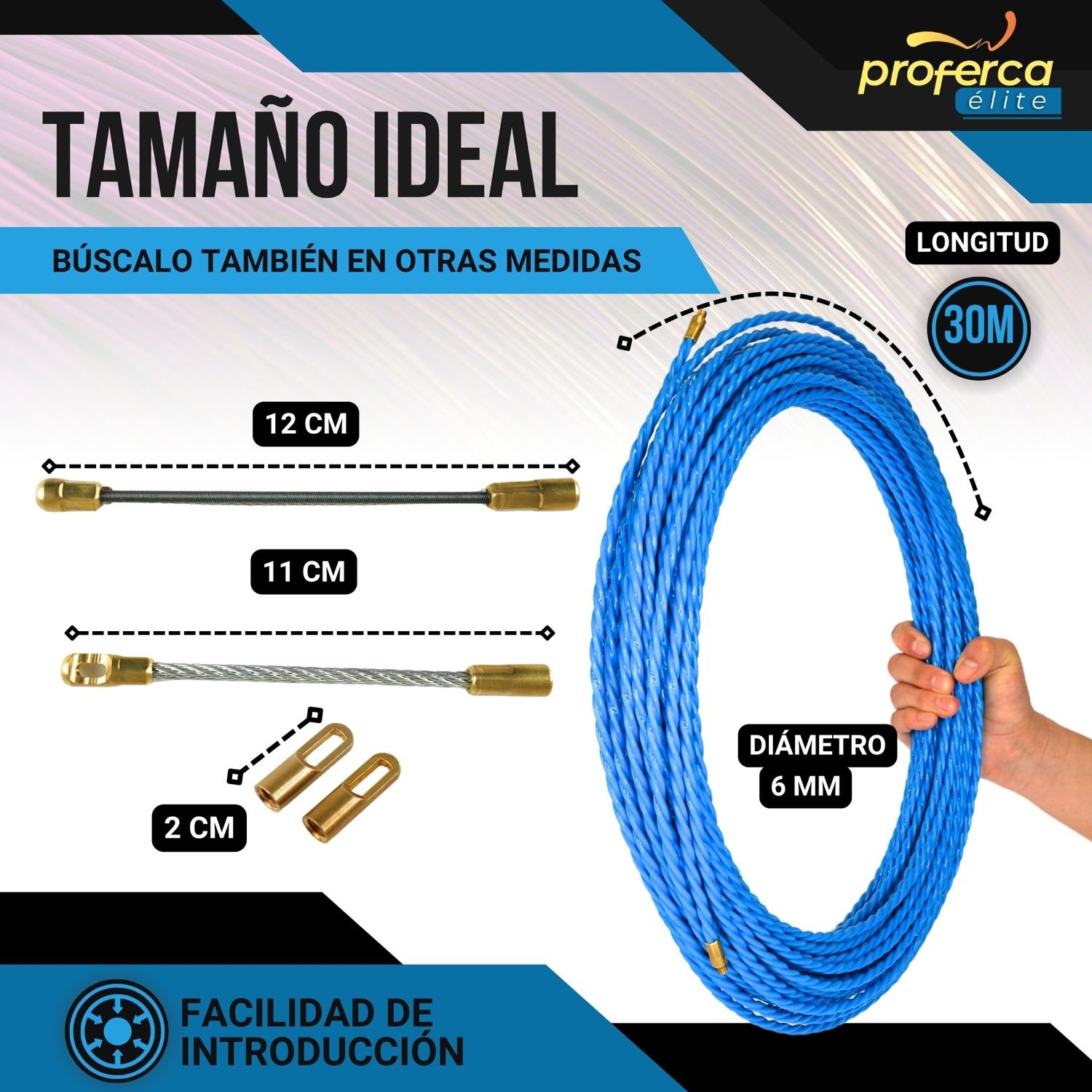Guía pasacables Proferca de 6mm x 30m, tamaño ideal para trabajos eléctricos en canalizaciones largas y de difícil acceso.
