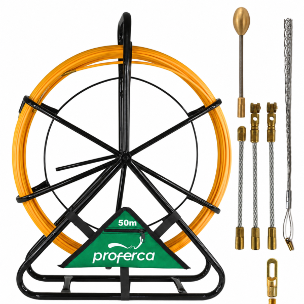 Guía pasacables de fibra de vidrio reforzada de 6 mm y 50 metros Proferca Titán con soporte carro y kit de accesorios: cabezales, conectores y malla tiracables