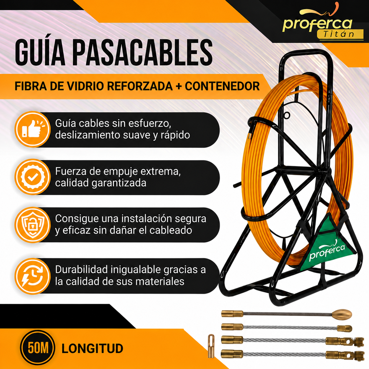 Infografía de la guía pasacables de fibra de vidrio reforzada de 6 mm y 50 metros con contenedor: deslizamiento suave, fuerza de empuje extrema y máxima durabilidad