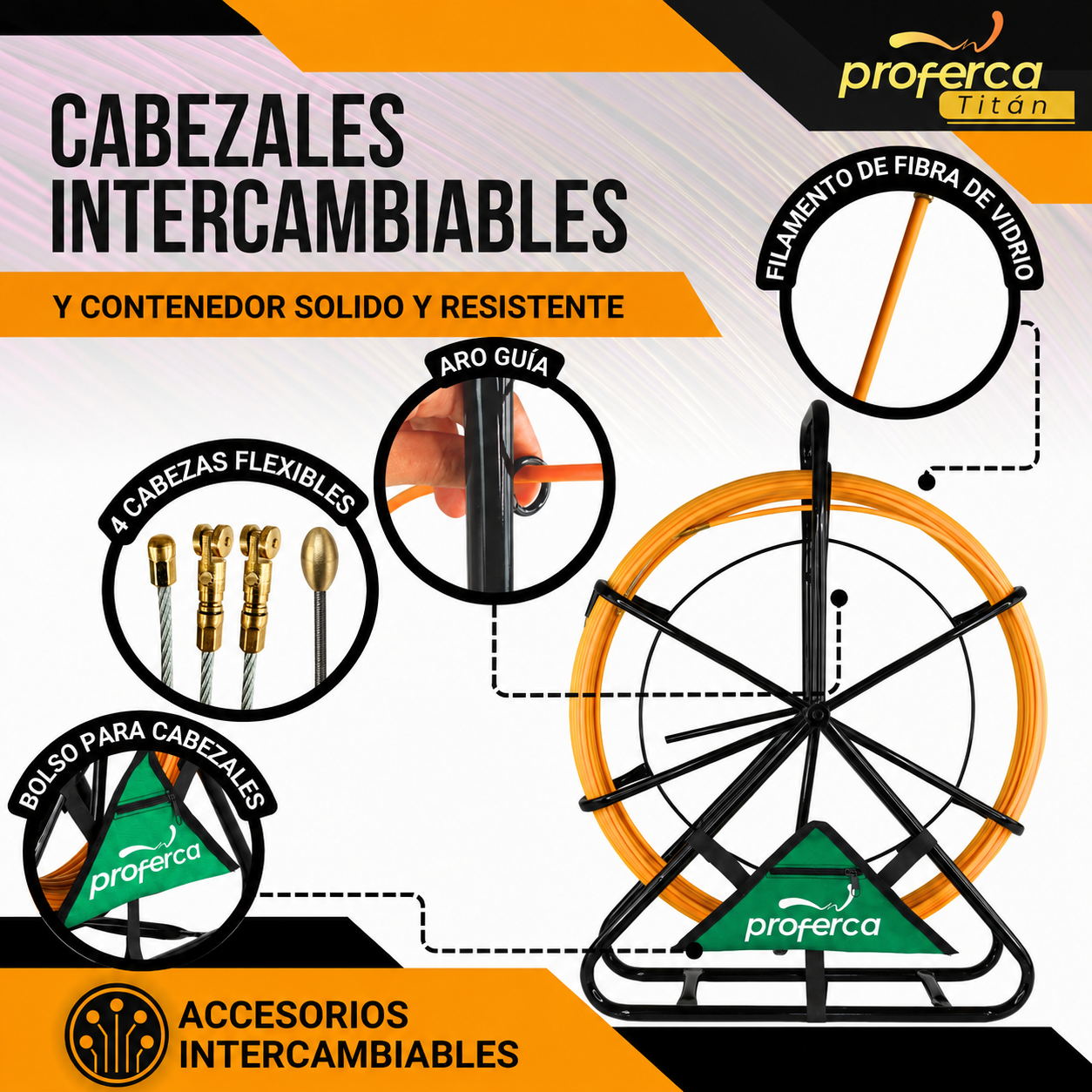 Cabezales intercambiables y contenedor de la guía pasacables de fibra de vidrio Proferca: 4 cabezas flexibles, aro guía y bolso para cabezales