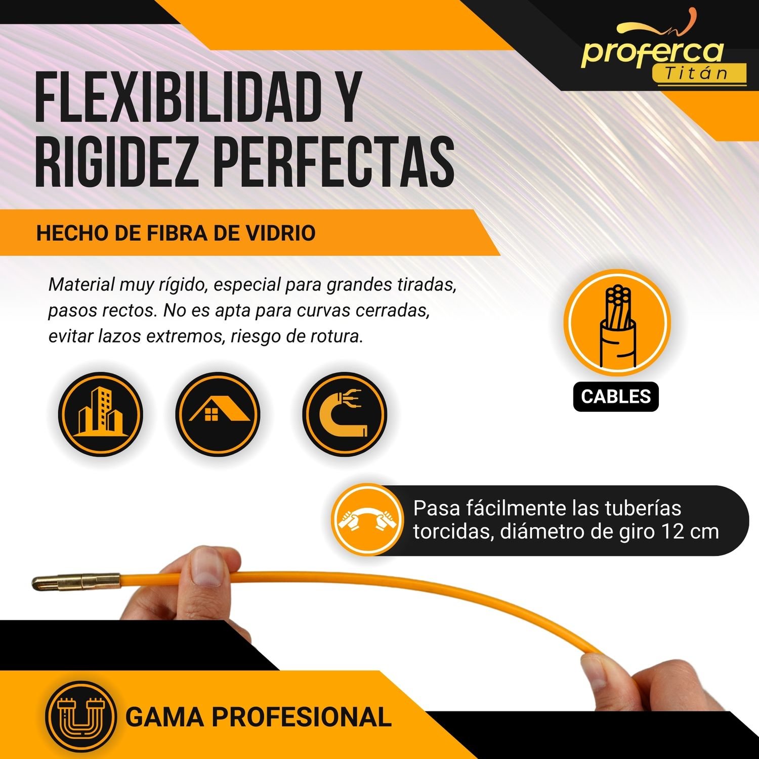 Guía pasacables de fibra de vidrio Proferca pasando una tubería torcida con un radio de giro de 12 cm gracias a su flexibilidad y rigidez