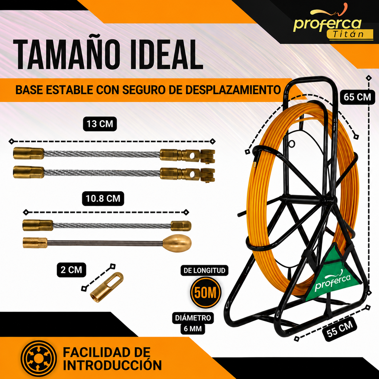 Dimensiones de la guía pasacables de fibra de vidrio de 6 mm y 50 metros de Proferca y de su soporte con base estable de 65x55 cm
