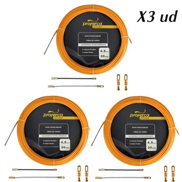 Pack de tres guías pasacables Proferca de poliéster trenzado 4.5mm x 30m, resistentes y flexibles para instalaciones eléctricas profesionales.