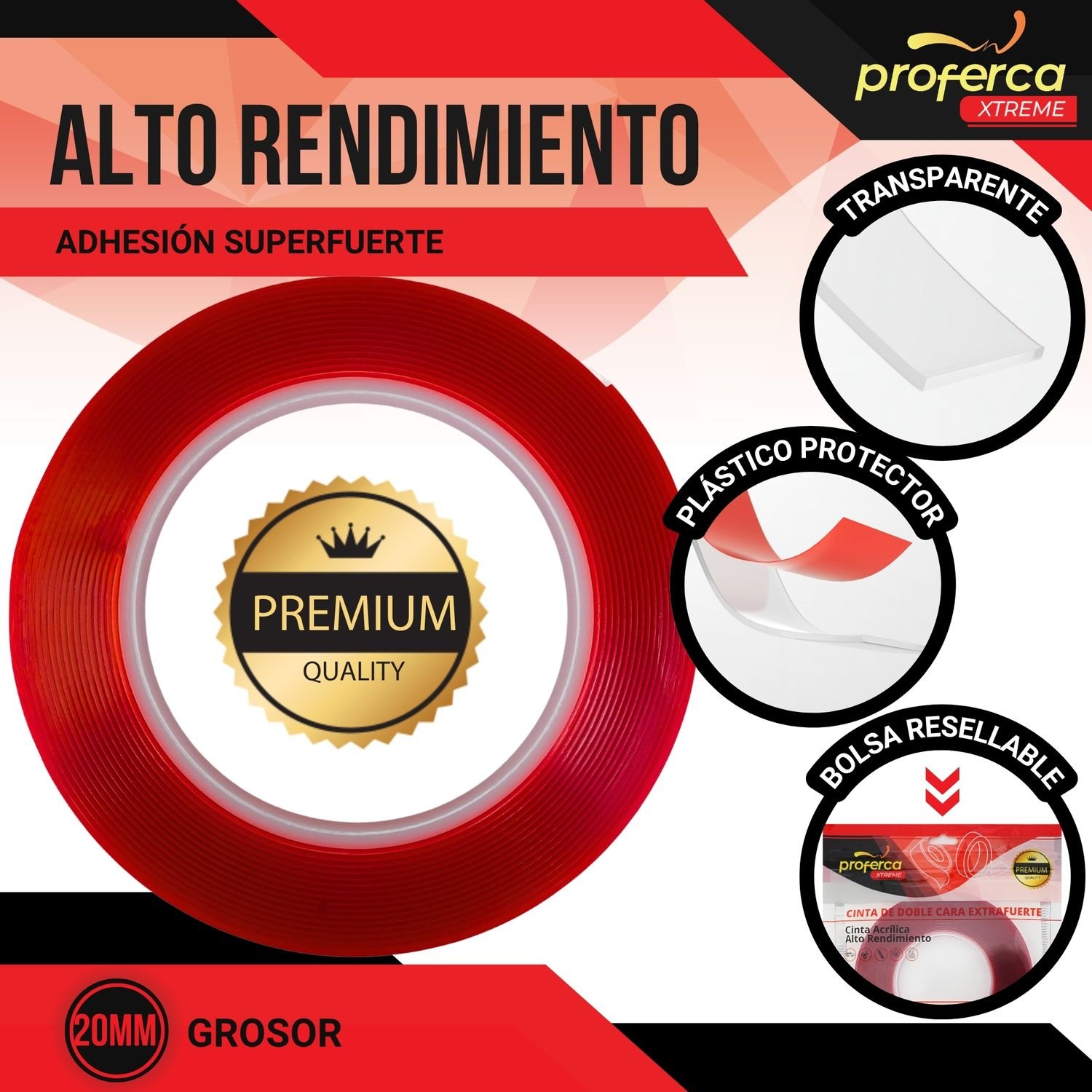 Cinta doble cara Proferca 20mm x 10m con gran poder de adhesión, alto rendimiento y larga duración.