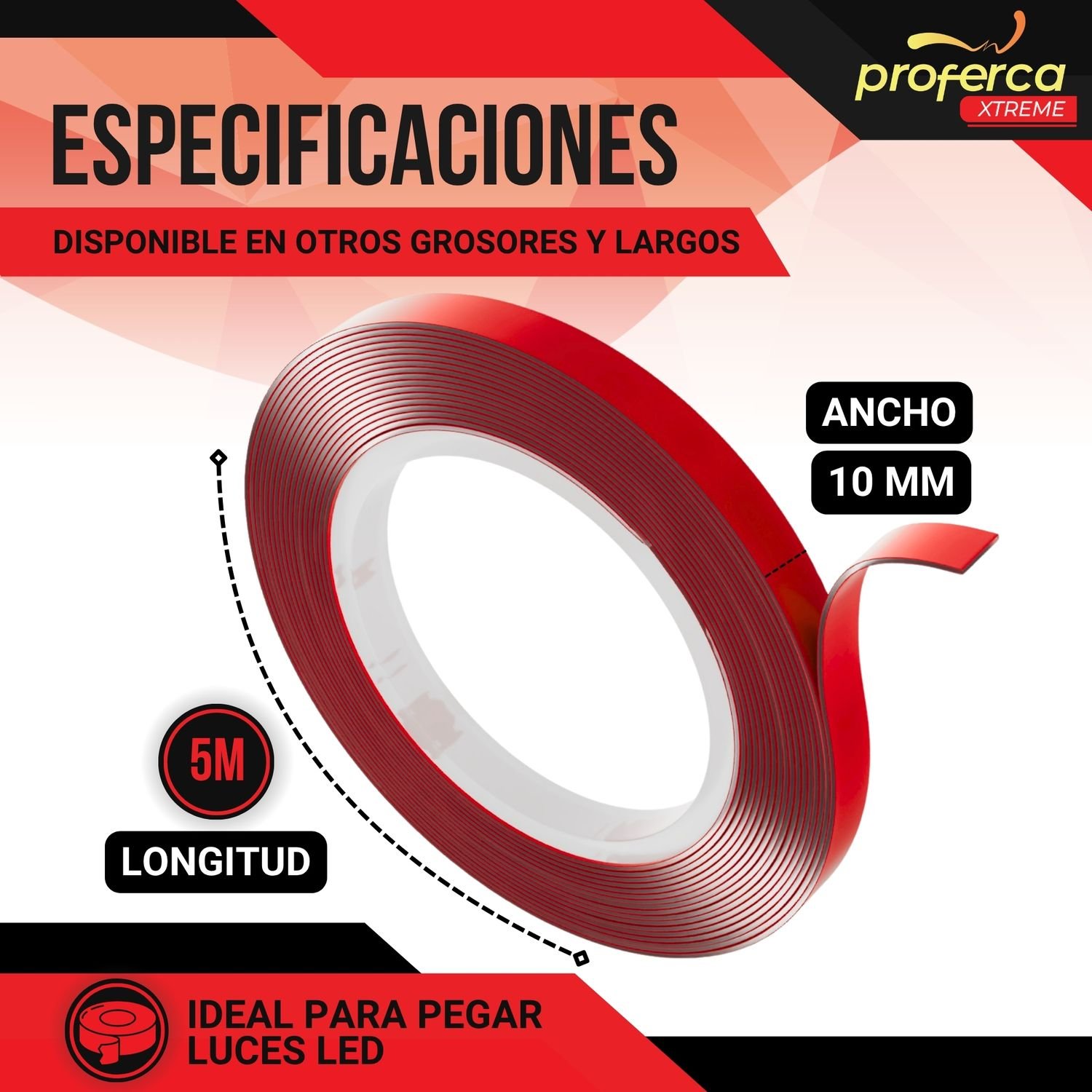 Cinta adhesiva doble cara acrílica Proferca 10mm x 5m extra fuerte, ideal para superficies lisas como vidrio, metal y cerámica.