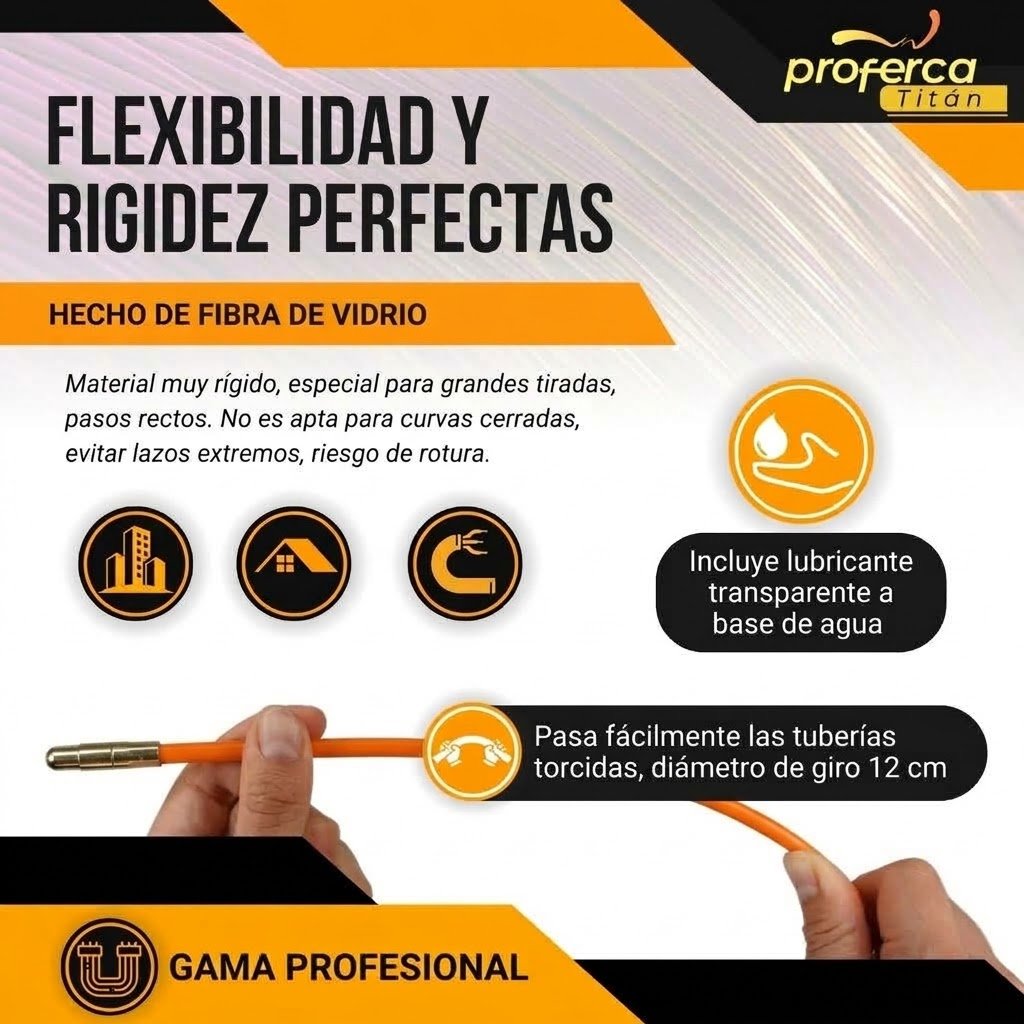 Guía pasacables de fibra de vidrio del pack ahorro Proferca, flexible para pasar tuberías torcidas con un radio de giro de 12 cm e incluye gel lubricante transparente a base de agua