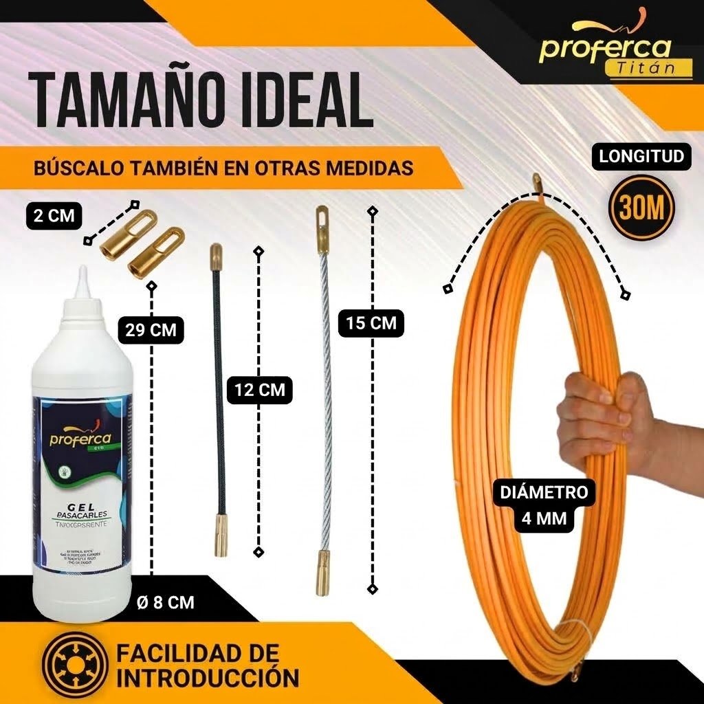 Guía pasacables de fibra de vidrio de 4 mm y 30 metros y gel pasacables de 1000 ml del pack ahorro Proferca, con tamaños de accesorios y envase detallados