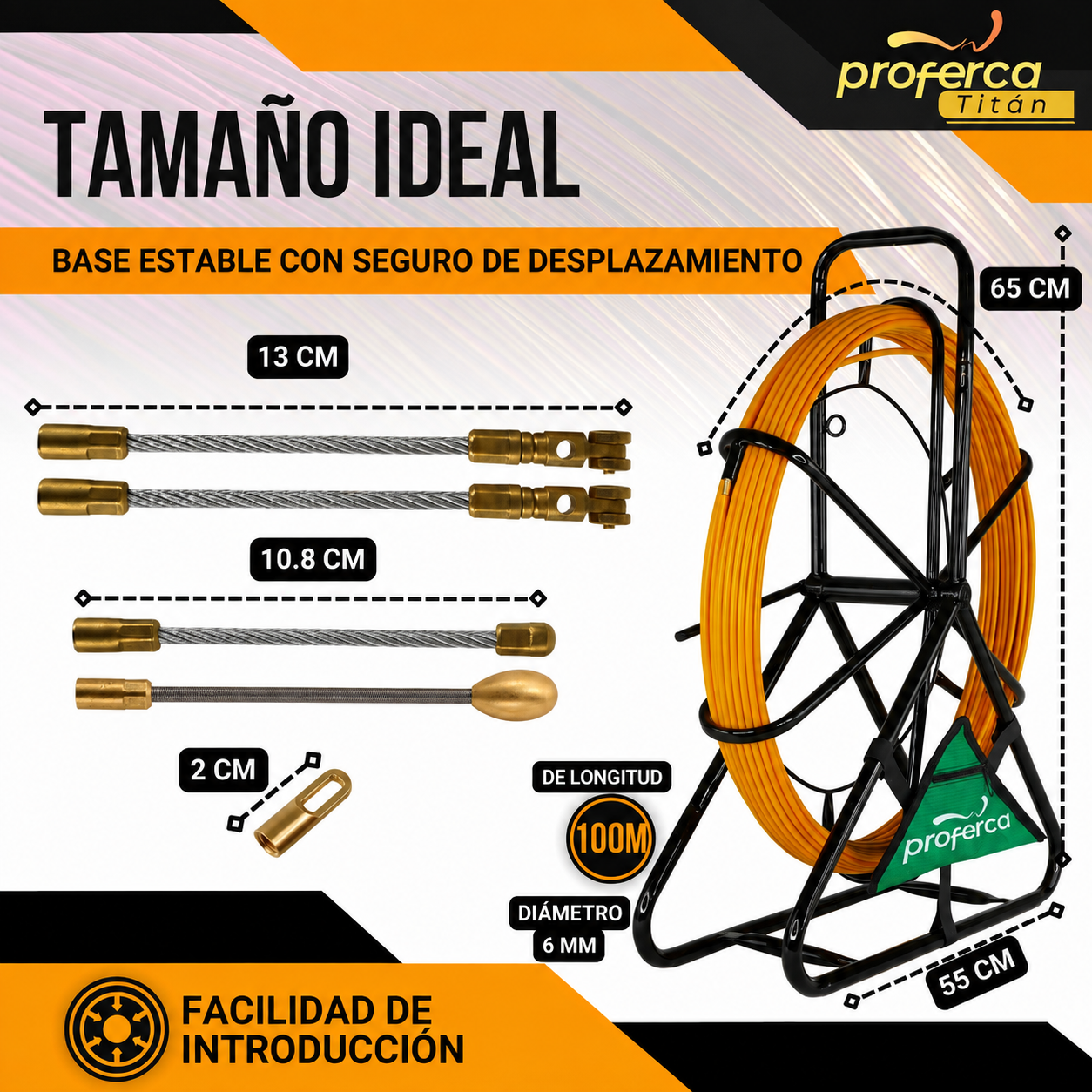 Dimensiones de la guía pasacables de fibra de vidrio de 6 mm y 100 metros de Proferca y de su soporte con base estable de 65x55 cm