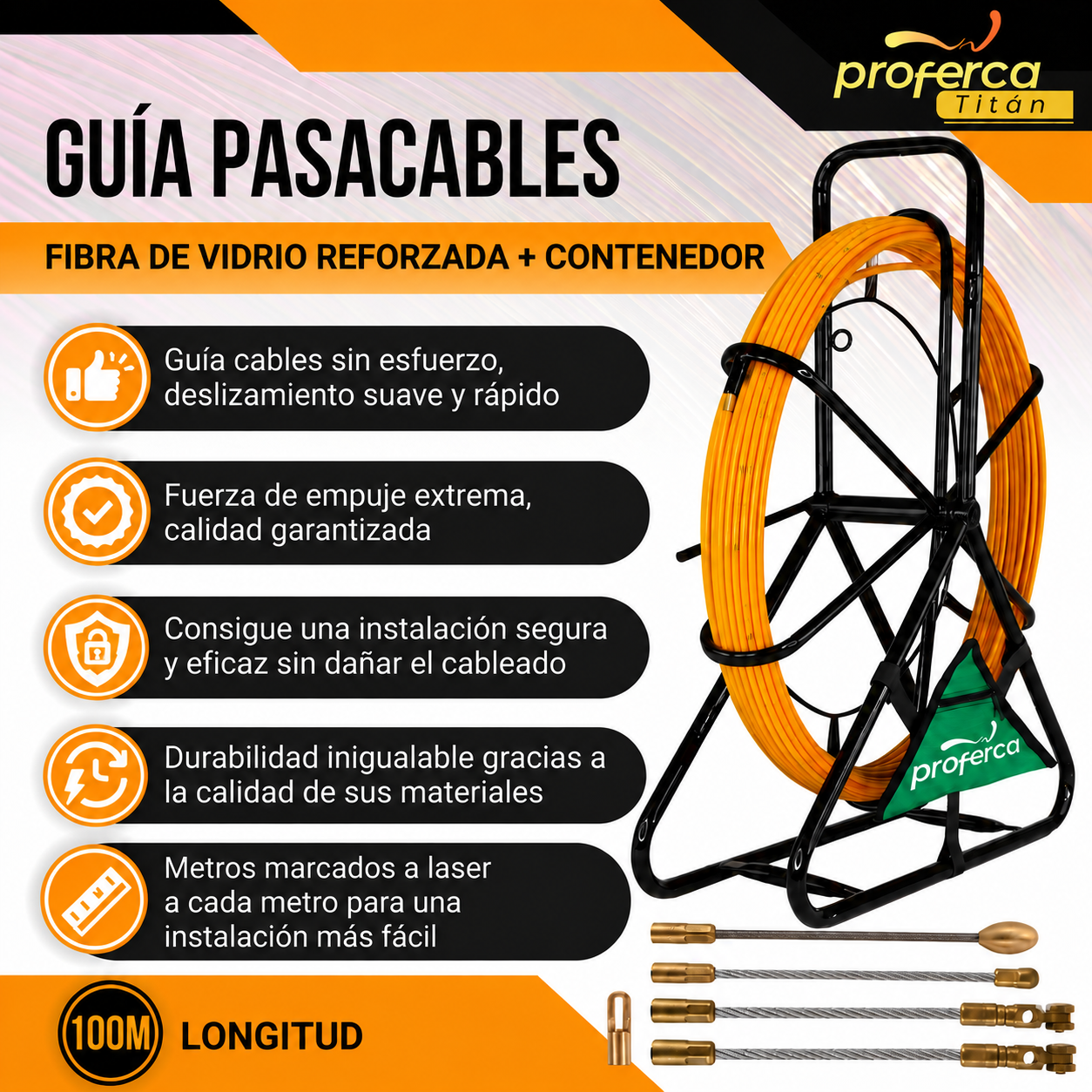 Infografía de la guía pasacables de fibra de vidrio reforzada de 6 mm y 100 metros con metros marcados a láser: deslizamiento suave, fuerza de empuje extrema y durabilidad