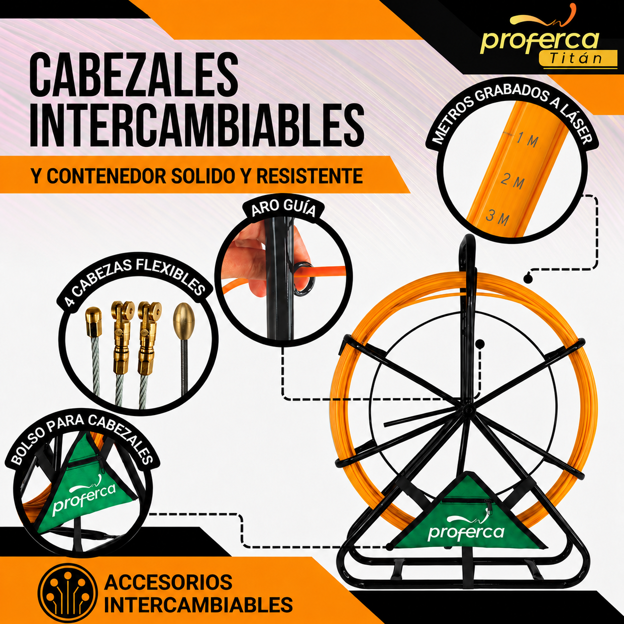 Cabezales intercambiables, contenedor y marcado a láser cada metro de la guía pasacables de fibra de vidrio Proferca de 6 mm