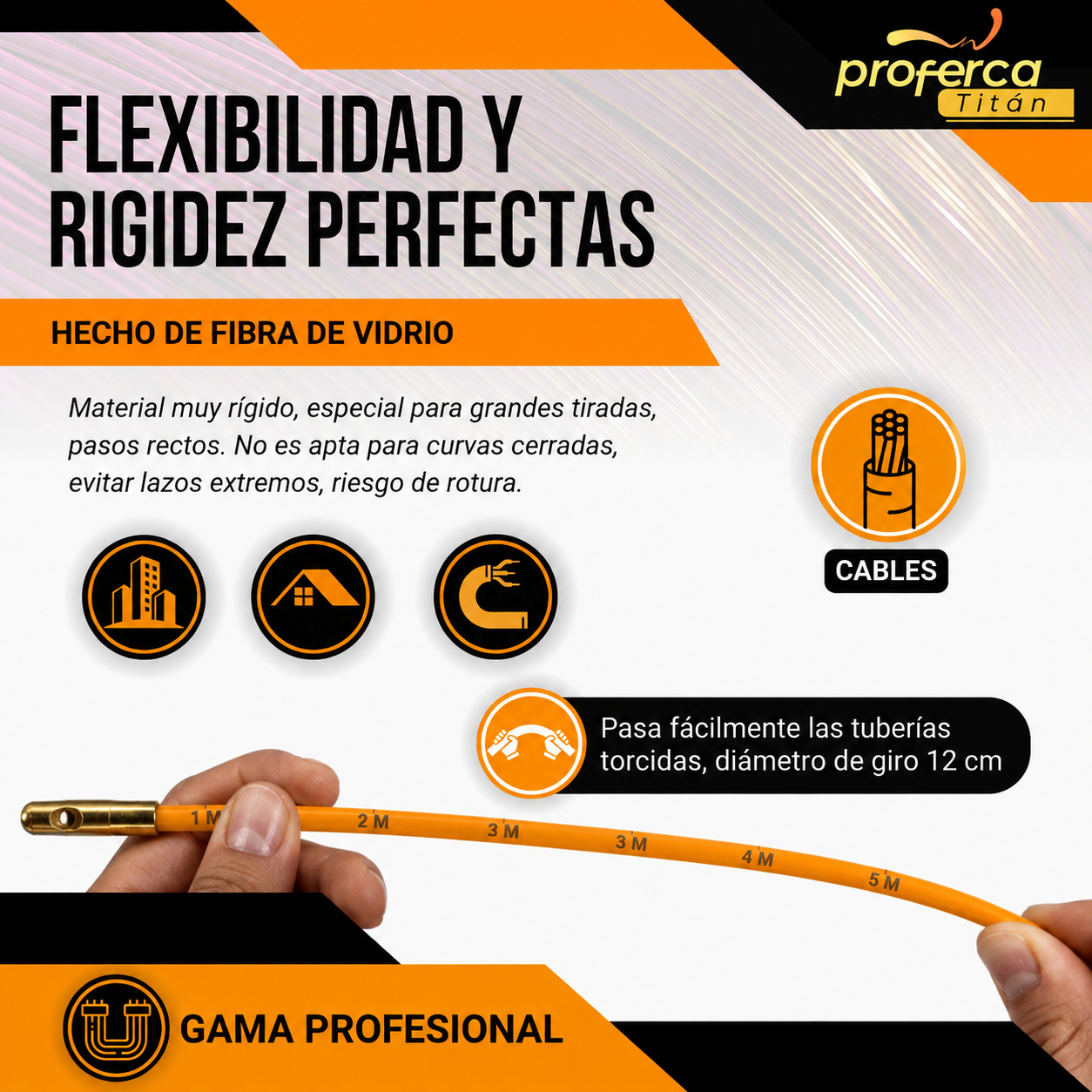 Guía pasacables de fibra de vidrio Proferca con metros marcados a láser, flexible para pasar tuberías torcidas con un radio de giro de 12 cm