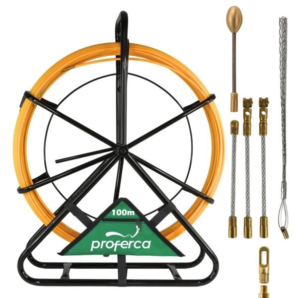 Guía pasacables de fibra de vidrio reforzada de 6 mm y 100 metros Proferca Titán con soporte carro, metros marcados a láser y kit de accesorios