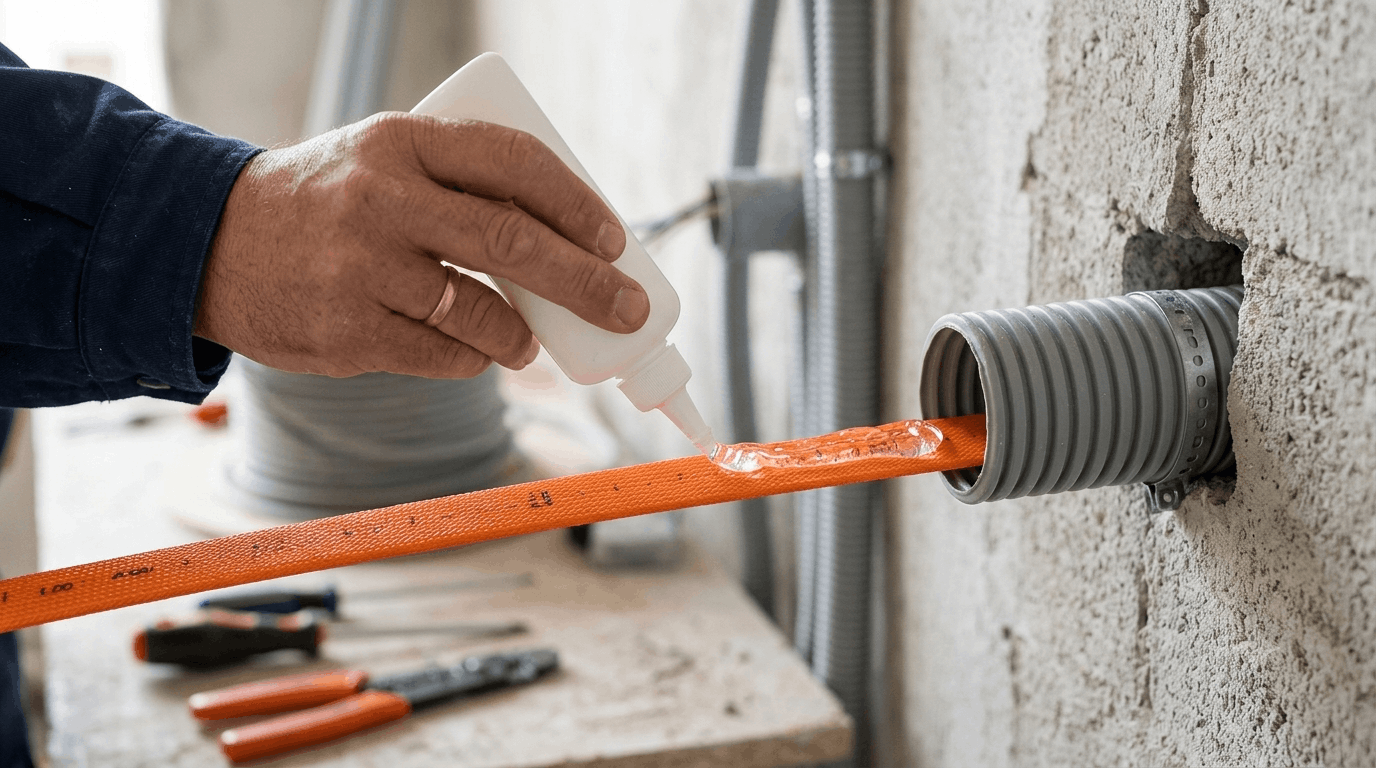 Aplicando gel lubricante a una guía pasacables antes de introducirla en el tubo