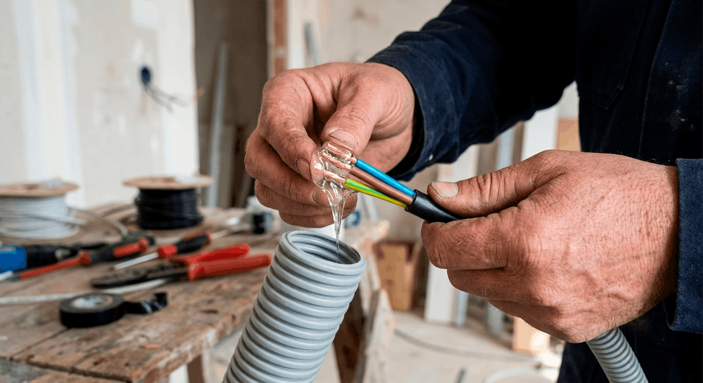 Aplicando gel lubricante pasacables sobre un cable antes de introducirlo en el tubo
