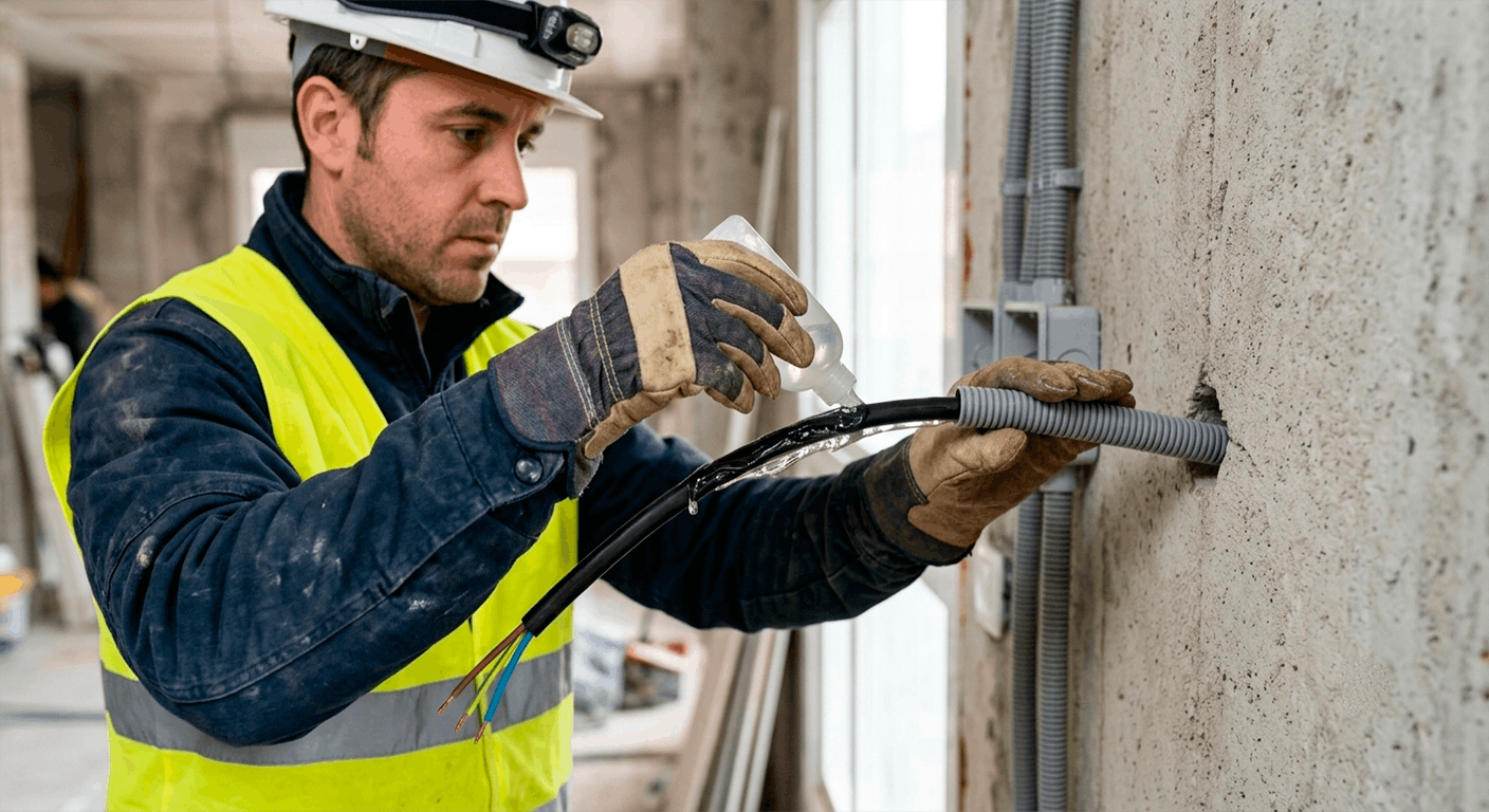 Electricista aplicando gel lubricante pasacables sobre un cable en una instalación