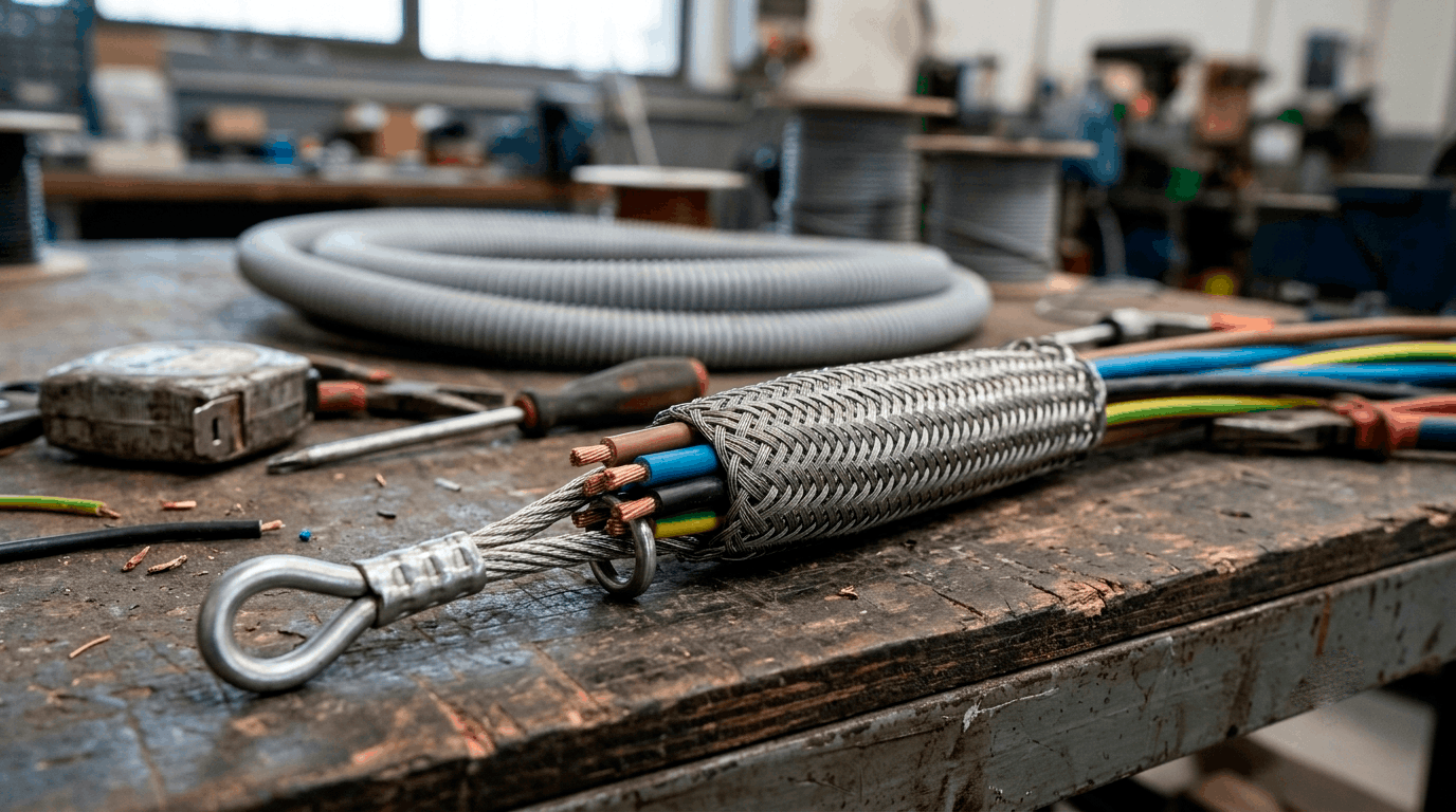 Malla tiracables agarrando varios cables para el tendido