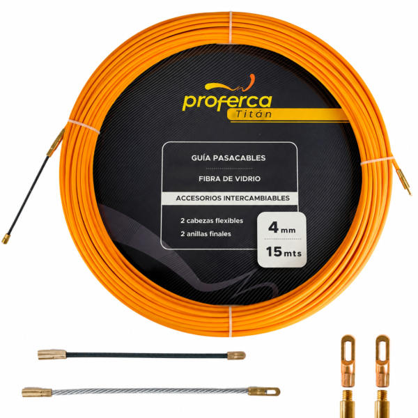 Guía pasacables profesional de fibra de vidrio de 4 mm y 15 metros Proferca Titán con cabezal flexible, cabezal rígido y conectores intercambiables