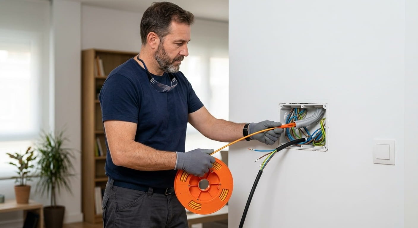 Pasar cables por la pared sin obras con guía pasacables: electricista introduciendo la guía en una caja de registro