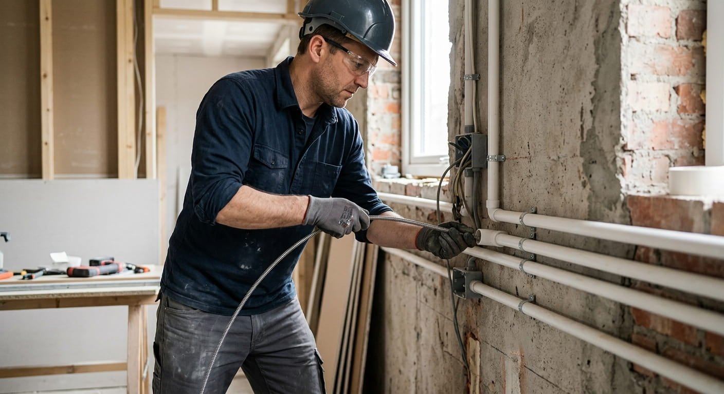 Electricista introduciendo una guía pasacables en un tubo rígido en una instalación eléctrica en obra