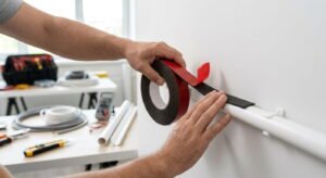 Electricista aplicando cinta doble cara extrafuerte sobre canaleta en instalación interior
